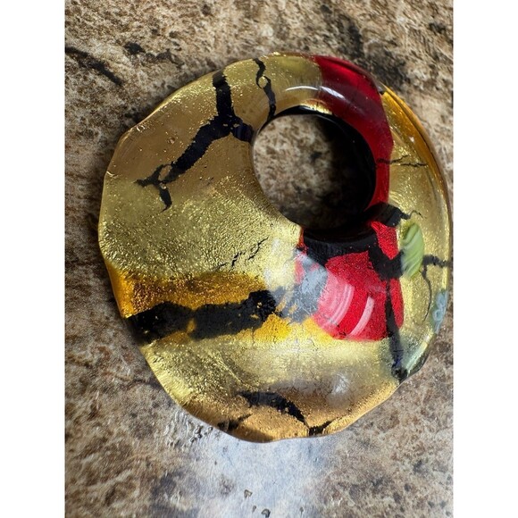 Blown Glass Circle Pendant Necklace Red Yellow ~2” - Picture 6 of 6